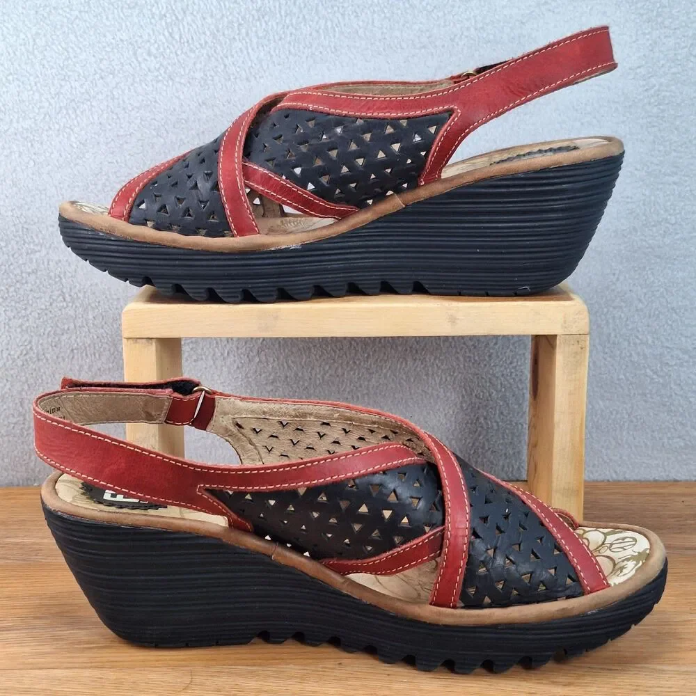 Fly London Ynes Women's 10.5 EU 41 Perforated Leather Wedge Sandals Black Red